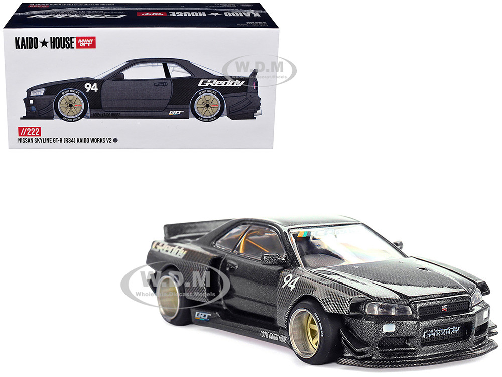 Nissan Skyline GT-R (R34) RHD (Right Hand Drive) #94 "Kaido Works GReddy V2" Carbon Fiber and Dark Gray Metallic (Designed by Jun Imai) "Kaido House" Special 1/64 Diecast Model Car by Mini GT diecast model