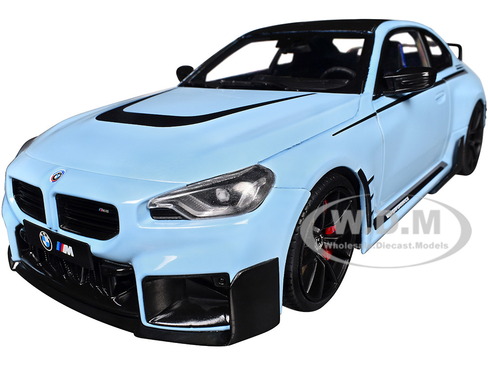 2024 BMW M2 Performance Parts Zandvoort Blue with Carbon Top and Black Stripes 1/18 Diecast Model Car by Solido diecast model