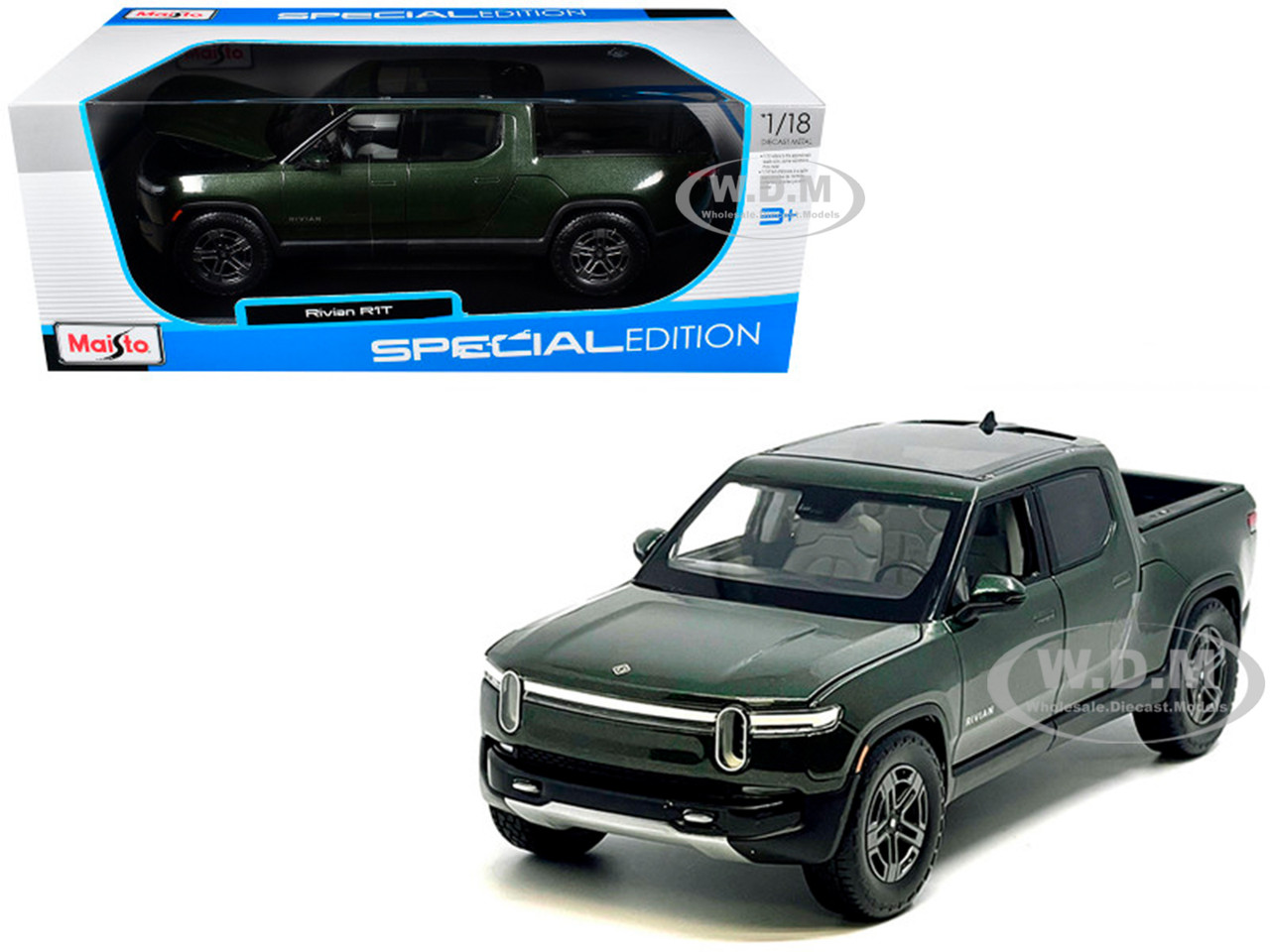 Rivian R1T Pickup Truck Dark Green Metallic with Sunroof "Special Edition" Series 1/18 Diecast Model Car by Maisto diecast model