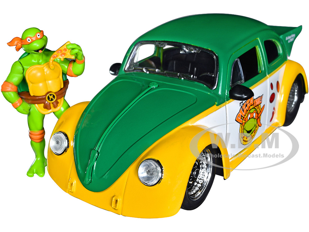 1959 Volkswagen Drag Beetle Green and Yellow and Michelangelo Diecast Figure "Teenage Mutant Ninja Turtles" "Hollywood Rides" Series 1/24 Diecast Model Car by Jada diecast model