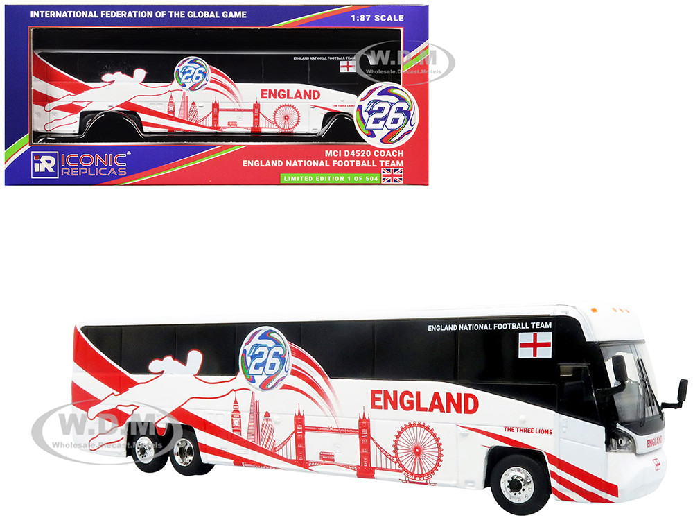 MCI D4520 Coach Bus "England National Football Team" White with Graphics "International Federation of the Global Game" Series Limited Edition to 504 pieces Worldwide 1/87 (HO) Diecast Model by Iconic Replicas diecast model