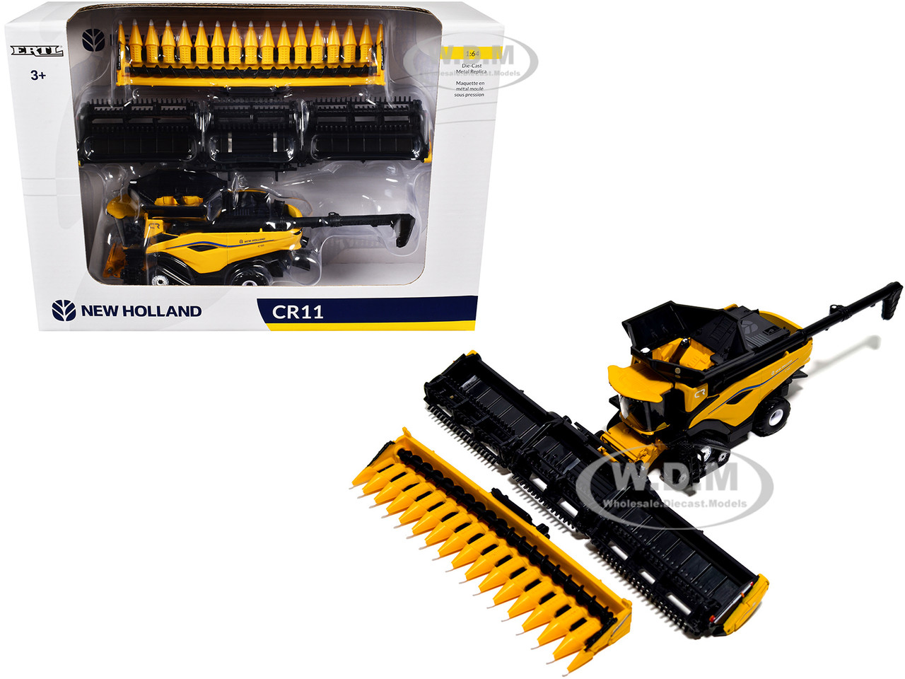 New Holland CR11 Tracked Combine with 16-Row Corn Head and Draper Grain Head Yellow 1/64 Diecast Model by ERTL TOMY diecast model