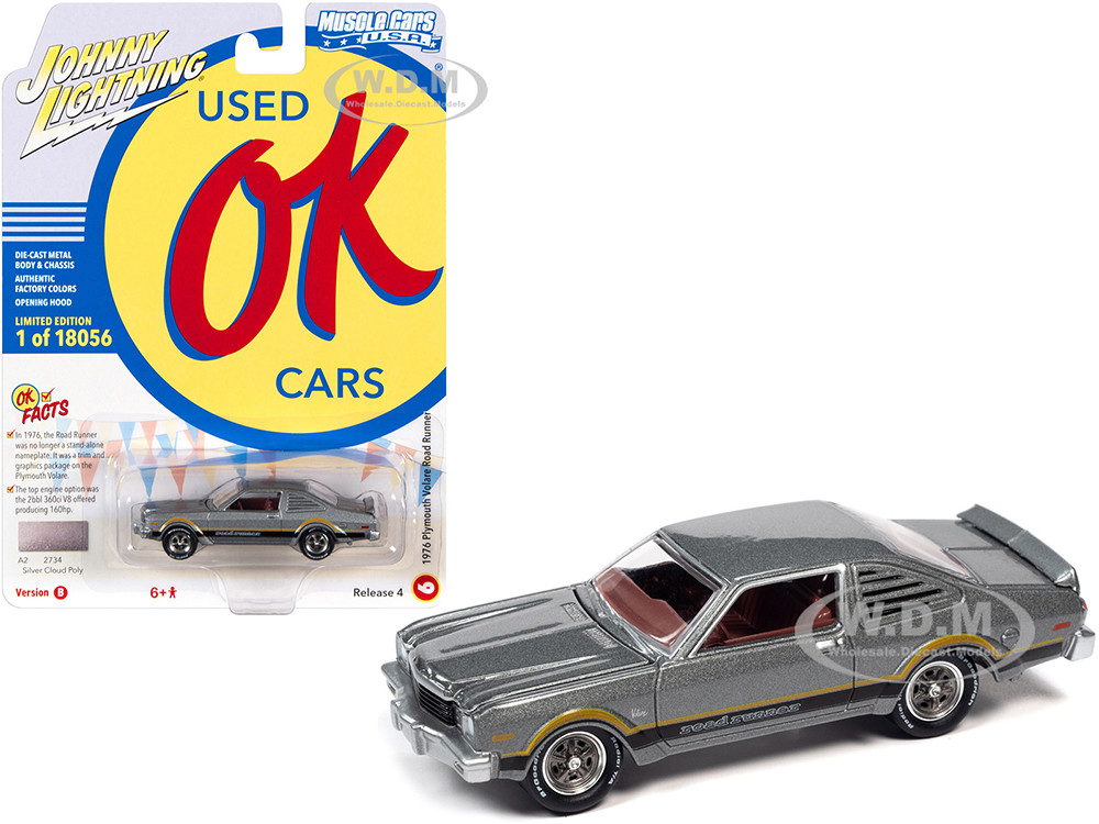 1976 Plymouth Volare Road Runner Silver Cloud Metallic with Stripes "OK Used Cars" Series Limited Edition to 18056 pieces Worldwide 1/64 Diecast Model Car by Johnny Lightning diecast model