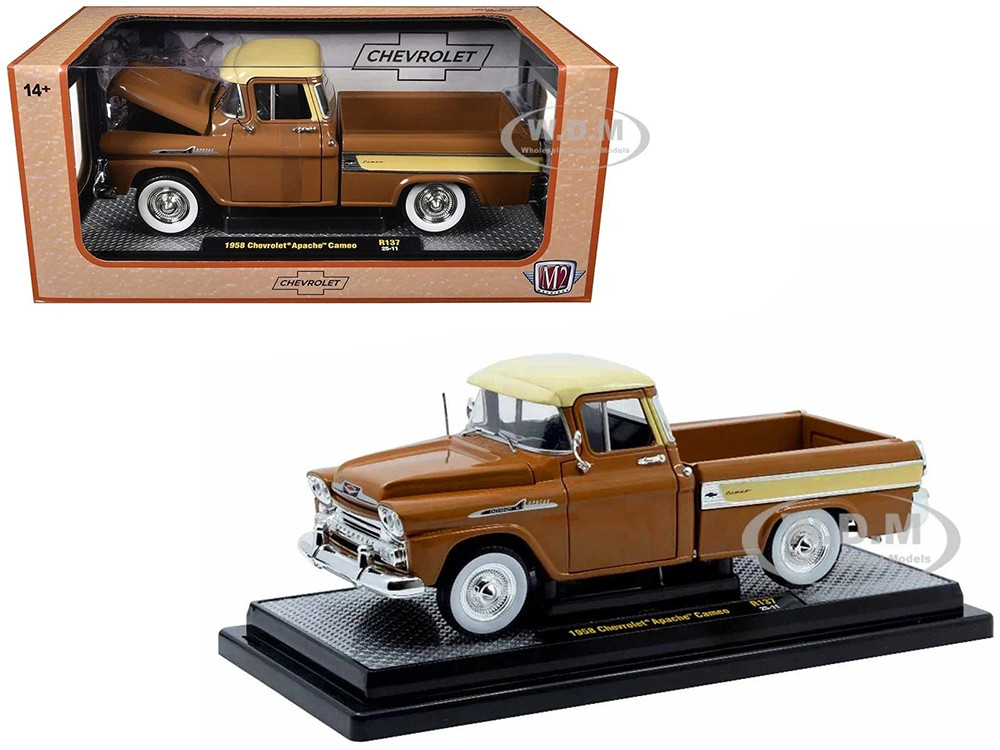 1958 Chevrolet Apache Cameo Pickup Truck Brown with Beige Top Limited Edition to 5250 pieces Worldwide 1/24 Diecast Model Car by M2 Machines diecast model