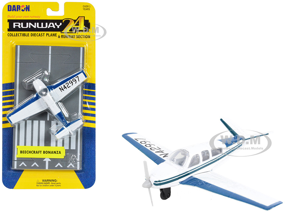 Beechcraft Bonanza Aircraft White with Blue Stripes "N42997" with Runway Section Diecast Model Airplane by Runway24 diecast model