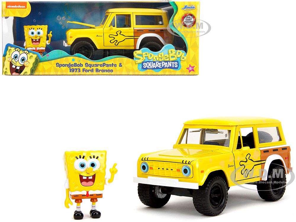 1973 Ford Bronco Yellow with Graphics and SpongeBob SquarePants Diecast Figure "SpongeBob SquarePants" (1999Current) TV Series "Hollywood Rides" Series 1/24 Diecast Model Car by Jada diecast model