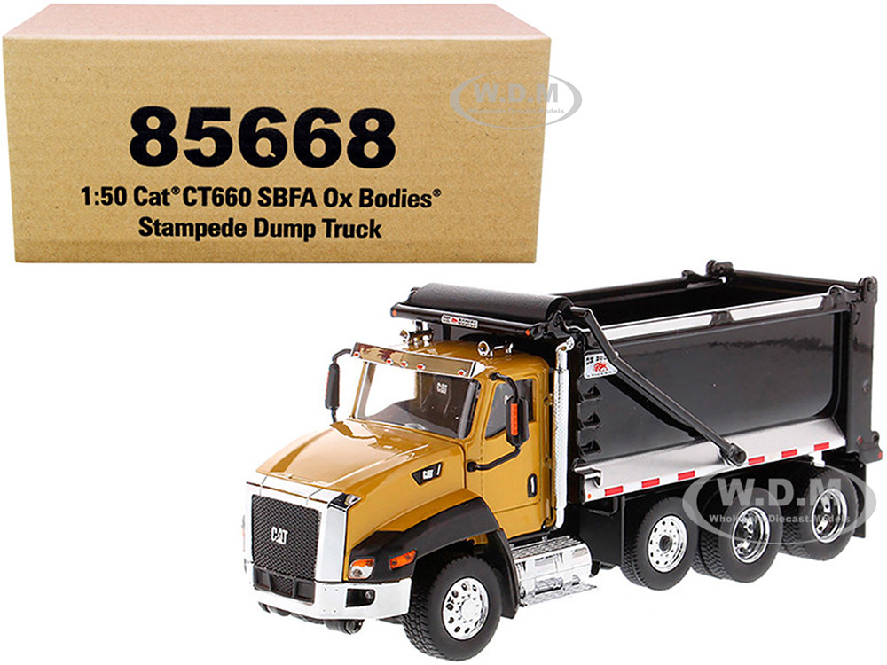 CAT Caterpillar CT660 SBFA with Ox Bodies Stampede Dump Truck Yellow and Black 1/50 Diecast Model by Diecast Masters diecast model