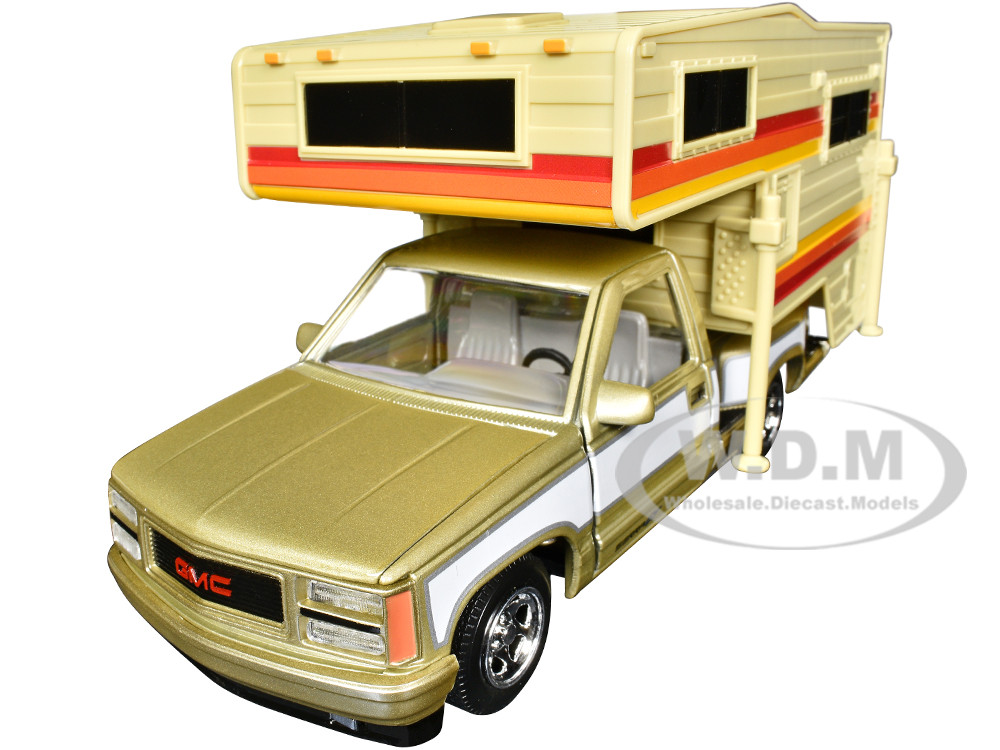 1992 GMC Sierra GT Pickup Truck Gold Metallic with White Sides with Camper Shell "American Classics" Series 1/24 Diecast Model Car by Motormax diecast model