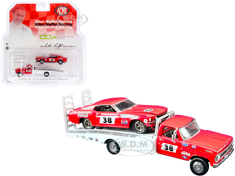 Ford F-350 Ramp Truck #38 Red and White with 1969 Ford Mustang Trans Am #38 Red "Coca-Cola" Allan Moffat Racing "DDA Collectibles" Series "ACME Exclusive" 1/64 Diecast Model Cars by Greenlight for ACME diecast model