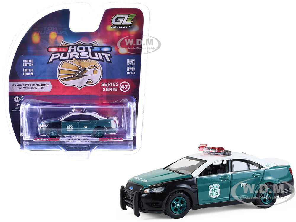 2014 Ford Taurus "New York Police Department (NYPD) Vintage Tribute Livery" Green and Black with White Top "Hot Pursuit" Series 47 1/64 Diecast Model Car by Greenlight diecast model