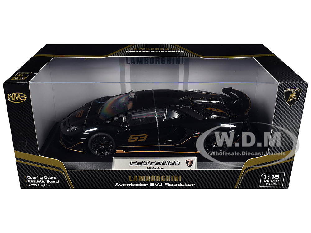 Lamborghini Aventador SVJ Roadster Black with Carbon Top and Gold Accents 1/18 Diecast Model Car by Heimanba diecast model