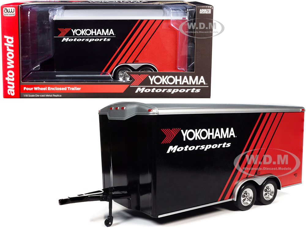Four Wheel Enclosed Car Trailer "Yokohama Motorsports" Black and Red for 1/18 Scale Model Cars by Auto World diecast model