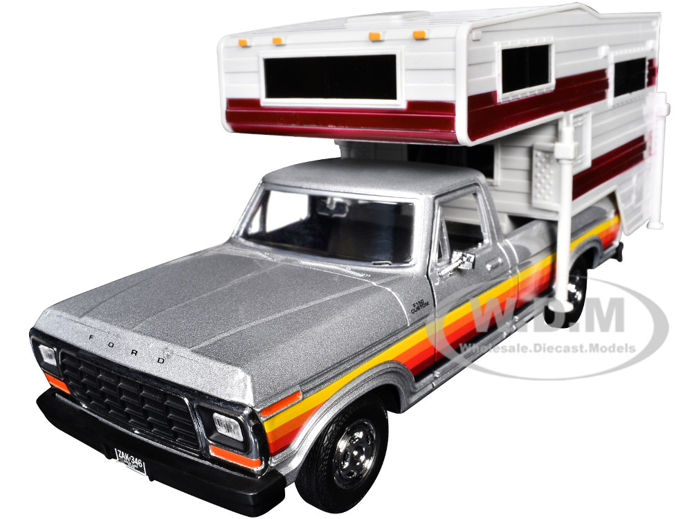 1979 Ford F-150 Custom Pickup Truck Silver Metallic with Side Stripes with Camper Shell "American Classics" Series 1/24 Diecast Model Car by Motormax diecast model