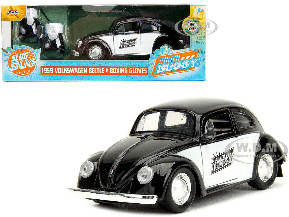 1959 Volkswagen Beetle "Punch Buggy" Black and White and Boxing Gloves Accessory "Punch Buggy" Series 1/32 Diecast Model Car by Jada diecast model