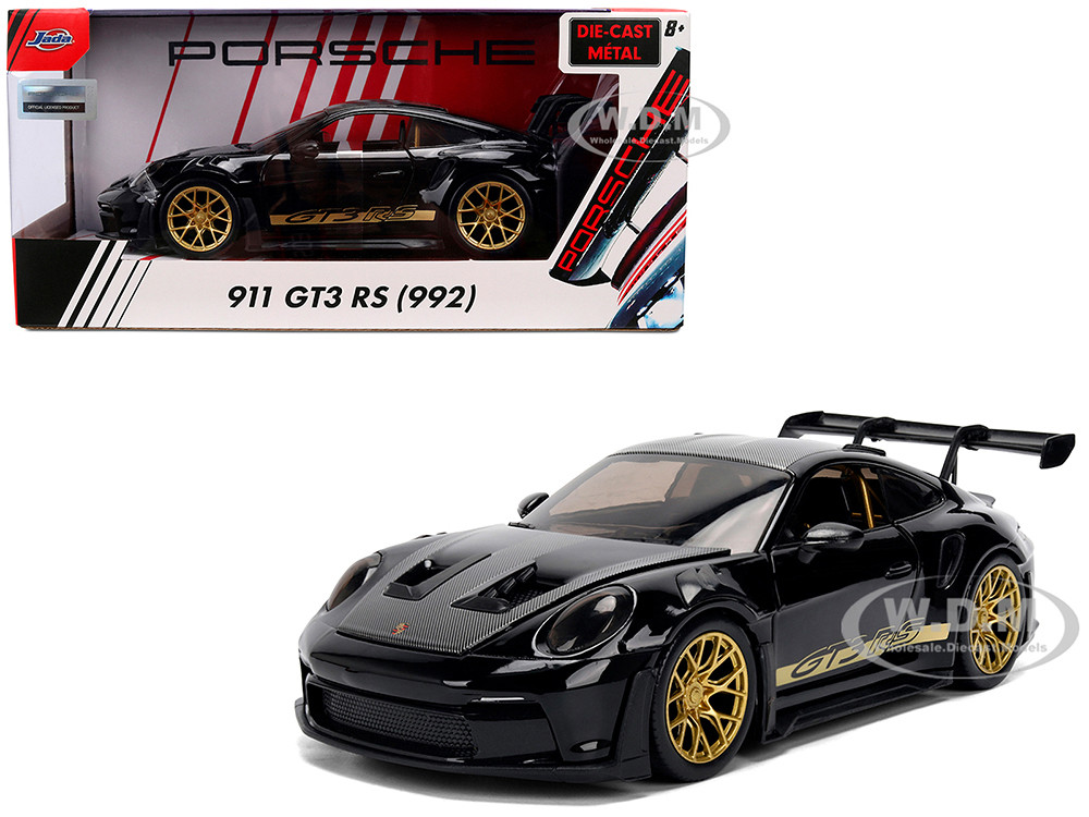 Porsche 911 (992) GT3 RS Black with Carbon Top and Hood Stripes and Gold Wheels "Hyper-Spec" Series 1/24 Diecast Model Car by Jada diecast model