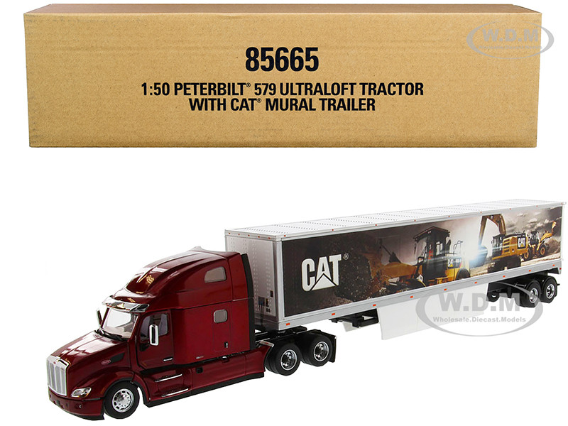 Peterbilt 579 UltraLoft Truck Tractor Red with "CAT Caterpillar" Mural Dry Van Trailer "Transport Series" 1/50 Diecast Model by Diecast Masters diecast model