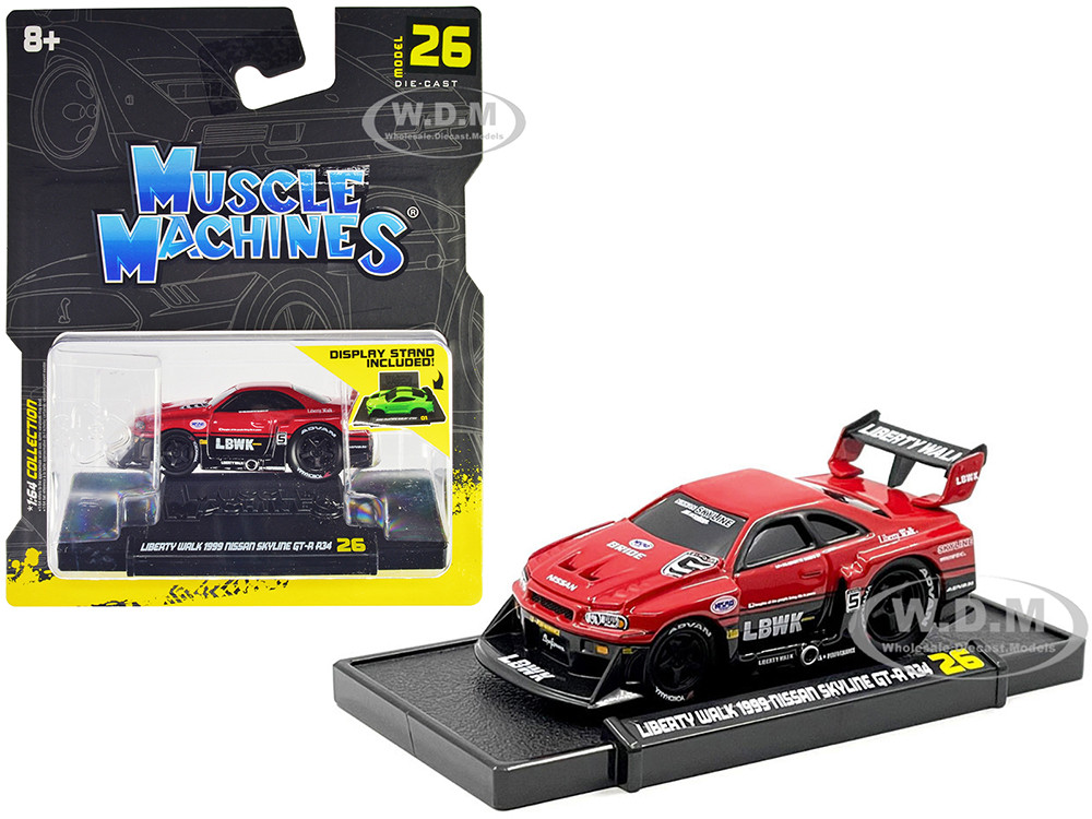 1999 Nissan Skyline GT-R (R34) #5 "Liberty Walk" Red and Black 1/64 Diecast Model Car by Muscle Machines diecast model