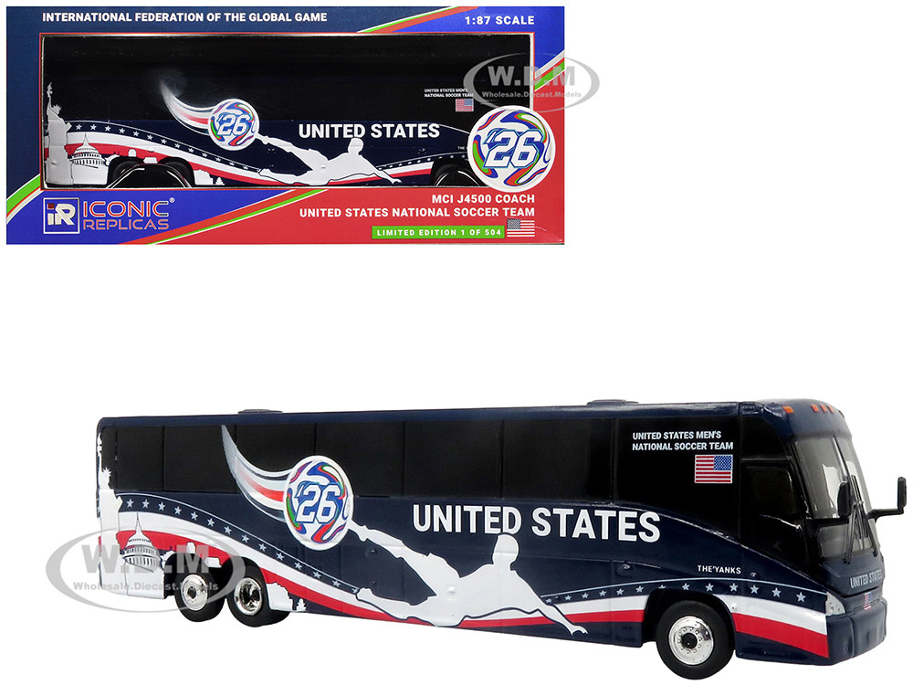 MCI J4500 Coach Bus "United States National Soccer Team" Dark Blue with Graphics "International Federation of the Global Game" Series Limited Edition to 504 pieces Worldwide 1/87 (HO) Diecast Model by Iconic Replicas diecast model