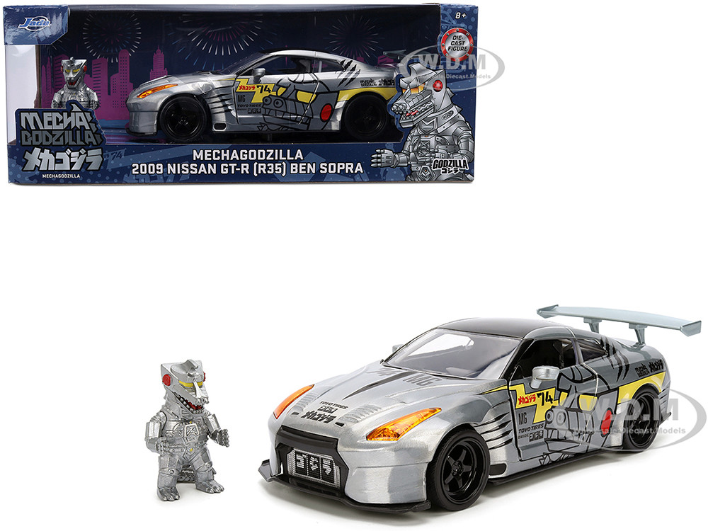 2009 Nissan GT-R (R35) Ben Sopra Brushed Metal with Black Top and Graphics and Mechagodzilla Diecast Figure "Godzilla" Franchise "Anime Hollywood Rides" Series 1/24 Diecast Model by Jada diecast model
