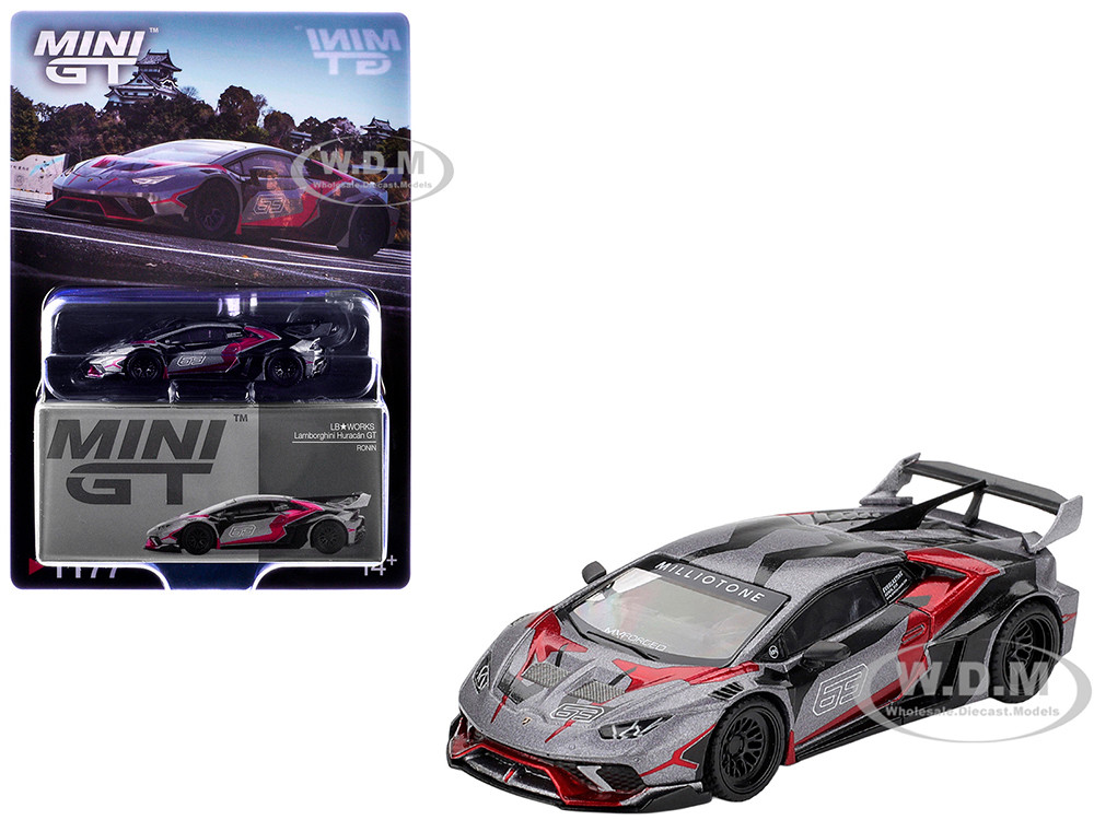 Lamborghini Huracan GT LB-WORKS "RONIN" Gray Metallic with Black and Red Graphics Limited Edition 1/64 Diecast Model Car by Mini GT diecast model