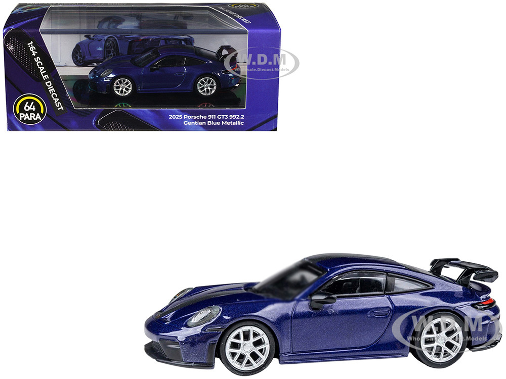 2025 Porsche 911 GT3 (992.2) Gentian Blue Metallic with Carbon Stripe 1/64 Diecast Model Car by Paragon Models diecast model