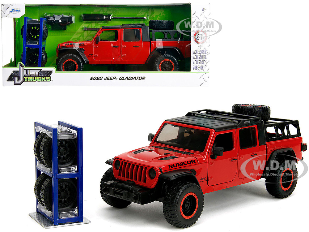 2020 Jeep Gladiator Rubicon Pickup Truck Red with Black Top and Extra Wheels "Just Trucks" Series 1/24 Diecast Model Car by Jada diecast model
