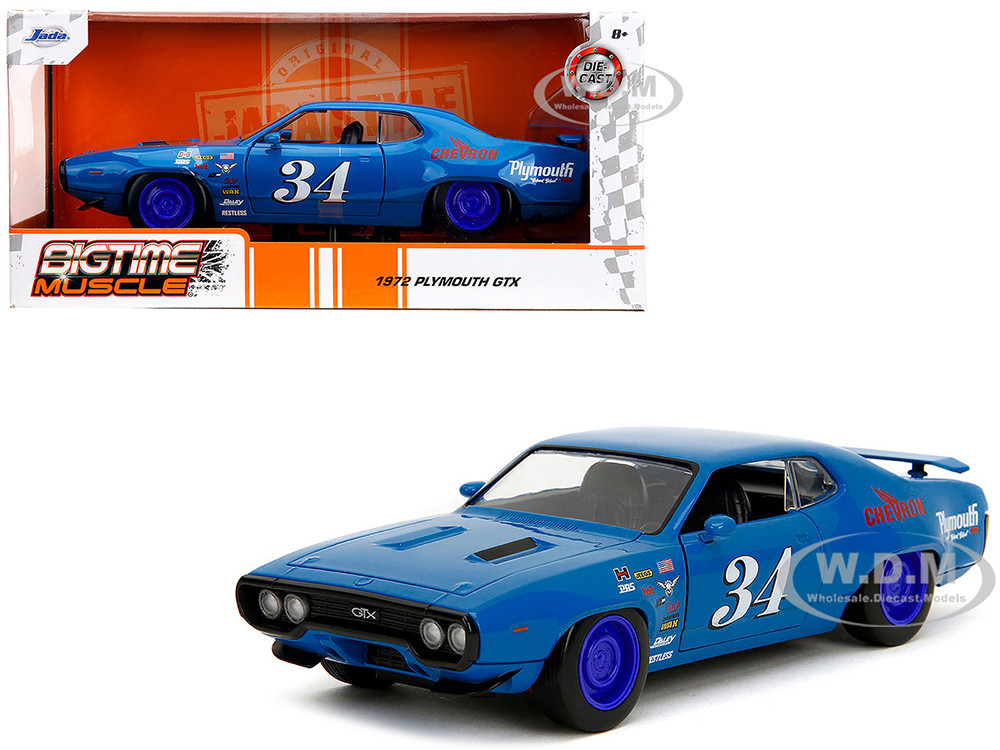 1972 Plymouth GTX #34 Blue with Graphics "Bigtime Muscle" Series 1/24 Diecast Model Car by Jada diecast model