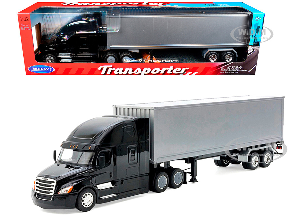 Freightliner Cascadia Truck Black with Silver Container "Transporter" Series 1/32 Diecast Model by Welly diecast model