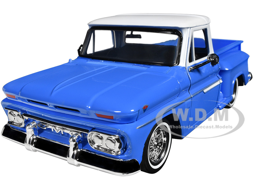 1966 GMC C1000 Fenderside Pickup Truck Lowrider Blue with White Top "Get Low" Series 1/24 Diecast Model Car by Motormax diecast model