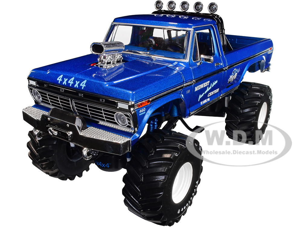 1974 Ford F-250 Ranger XLT Monster Truck with 48-Inch Tires Blue Metallic "Midwest Four Wheel Drive Center" "Kings of Crunch" Series 1/18 Diecast Model Car by Greenlight diecast model