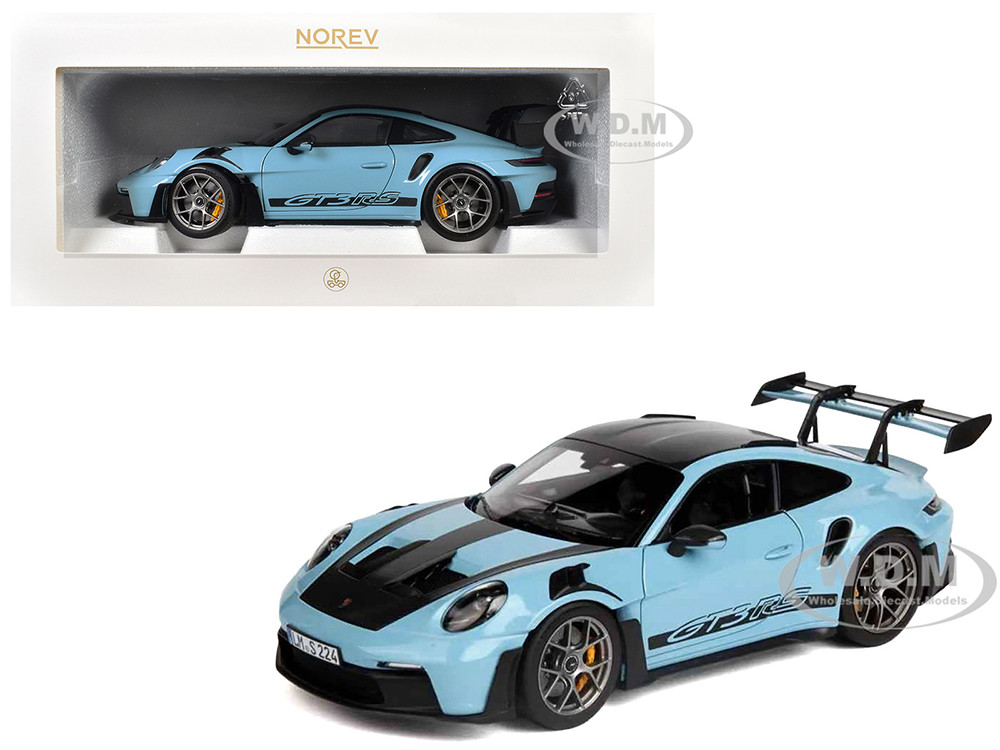 2022 Porsche 911 GT3 RS Weissach Pack Gulf Blue with Carbon Top and Hood Stripes 1/18 Diecast Model Car by Norev diecast model