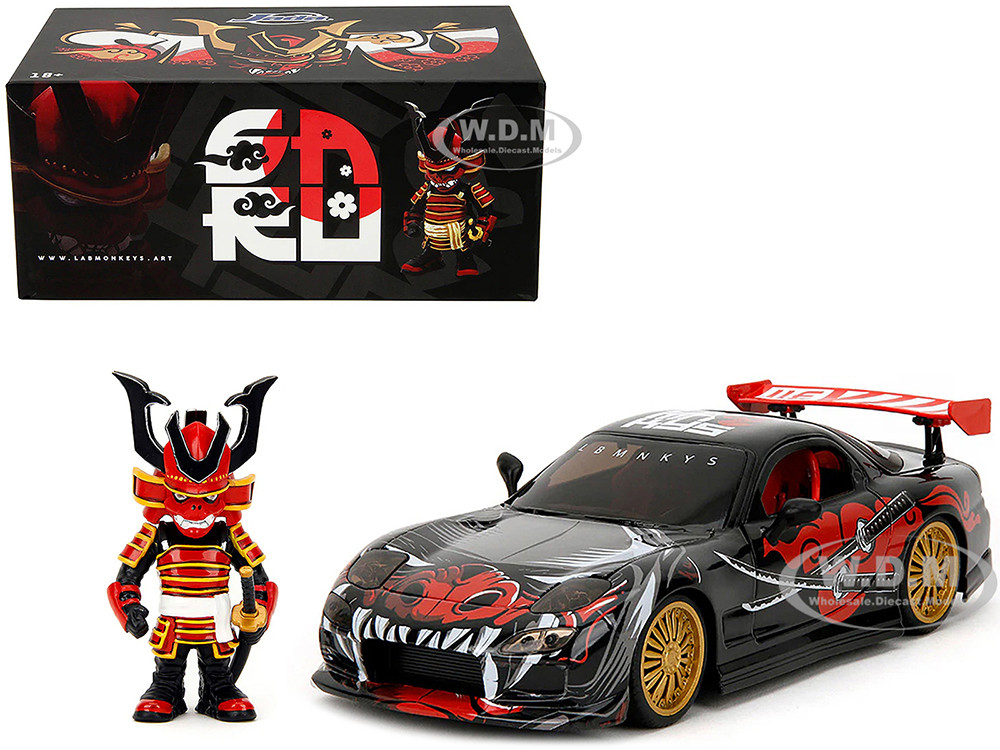1993 Mazda RX-7 Black with Graphics "Lab Monkeys" with Saru Diecast Figure "Hollywood Rides" Series 1/24 Diecast Model Car by Jada diecast model