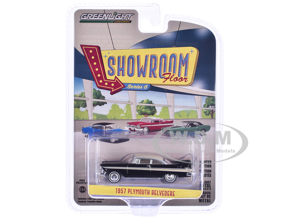 1957 Plymouth Belvedere Jet Black with Sand Dune White Top and Stripes "Showroom Floor" Series 6 1/64 Diecast Model Car by Greenlight diecast model