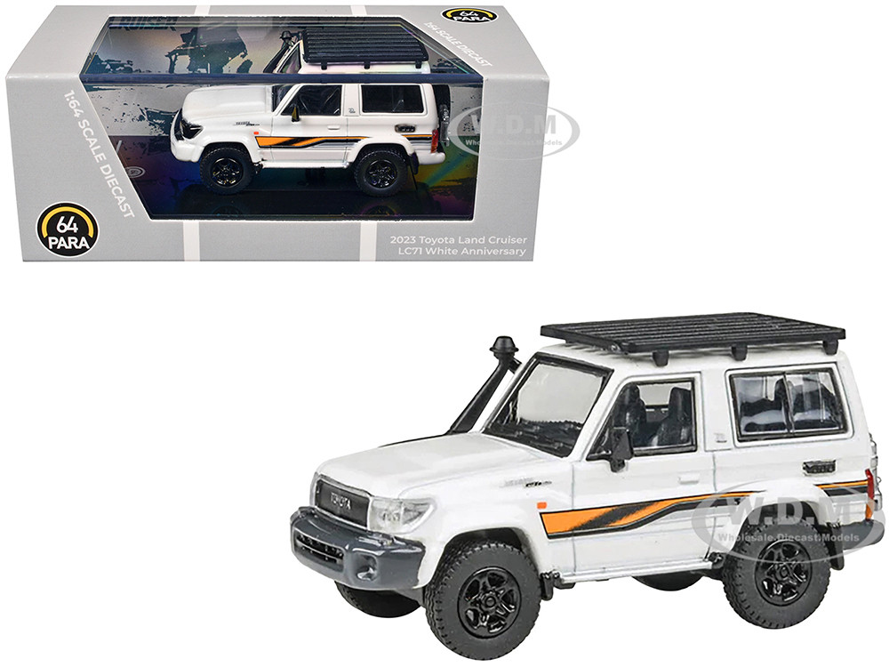 2023 Toyota Land Cruiser 71 White "70th Anniversary" with Stripes and Roofrack 1/64 Diecast Model Car by Paragon Models diecast model