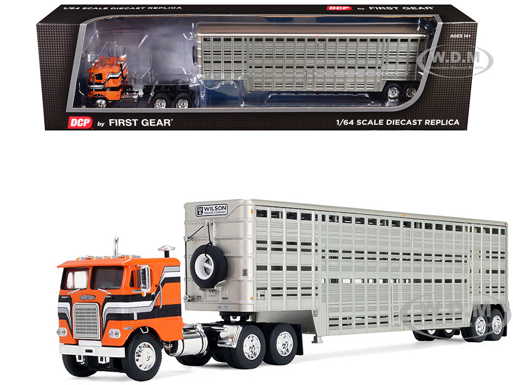 Freightliner COE and 45' Wilson Vintage Livestock Trailer Orange with Stripes 1/64 Diecast Model by DCP/First Gear diecast model