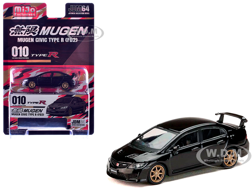 Honda Mugen Civic Type R (FD2) RHD (Right Hand Drive) Crystal Black Pearl with Gold Wheels "JDM64" Series 1/64 Diecast Model Car by Hobby Japan diecast model