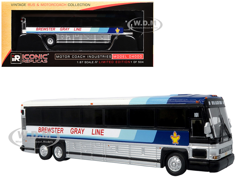 2001 MCI D4000 Coach Bus "Brewster Gray Line" White with Blue Stripes "Vintage Bus & Motorcoach Collection" Limited Edition to 504 pieces Worldwide 1/87 (HO) Diecast Model by Iconic Replicas diecast model
