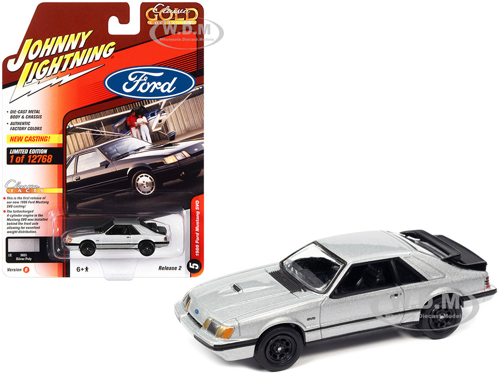 1986 Ford Mustang SVO Silver Metallic with Black Stripes "Classic Gold Collection" Series Limited Edition to 12768 pieces Worldwide 1/64 Diecast Model Car by Johnny Lightning diecast model