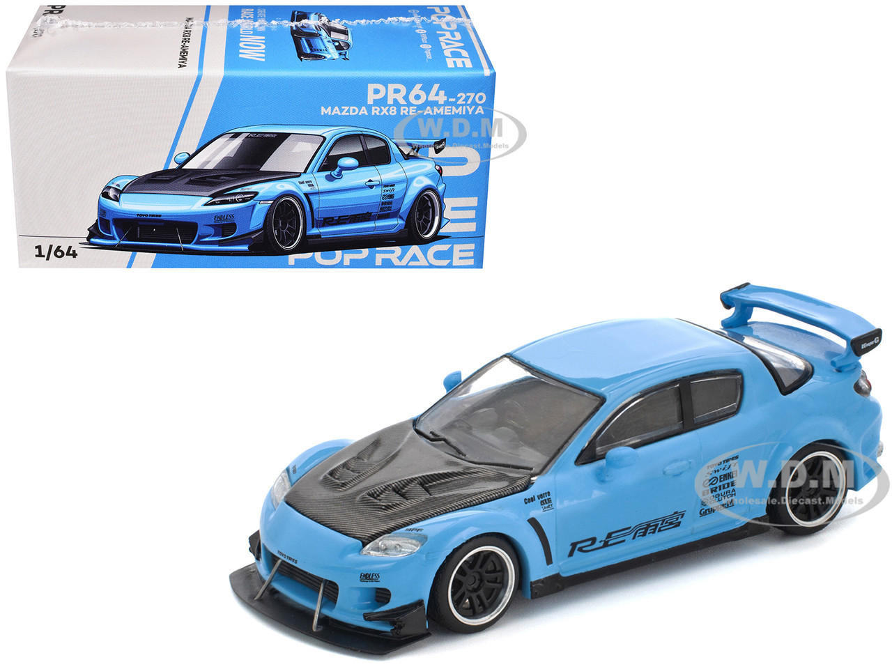 Mazda RX8 RE-Amemiya Widebody RHD (Right Hand Drive) Light Blue with Carbon Hood 1/64 Diecast Model Car by Pop Race diecast model