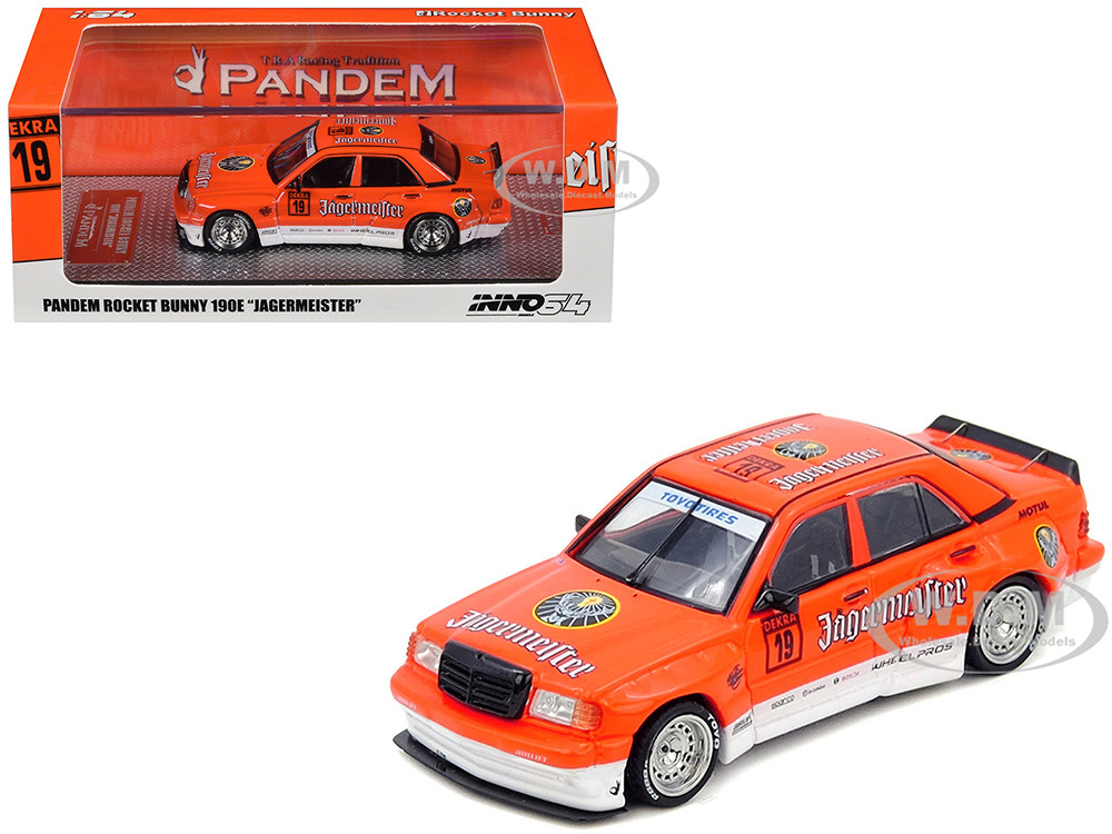 Pandem Rocket Bunny 190E #19 "Jagermeister" Orange and White 1/64 Diecast Model Car by Inno Models diecast model