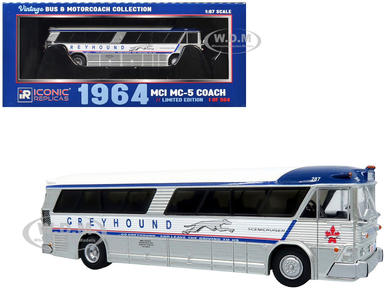 1964 MCI MC-5A Coach Bus "Greyhound Canada" White with Blue Stripes "Vintage Bus & Motorcoach Collection" Limited Edition to 504 pieces Worldwide 1/87 (HO) Diecast Model by Iconic Replicas diecast model
