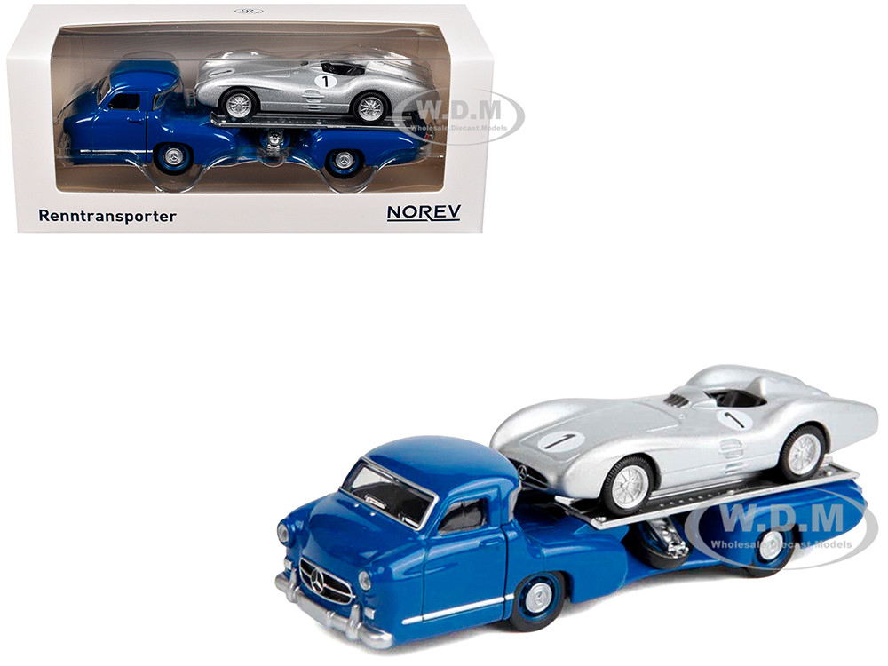 Mercedes-Benz Renntransporter Flatbed Truck Blue and 1954 Mercedes-Benz W196 #1 Silver Metallic 1/64 Diecast Model Car by Norev diecast model