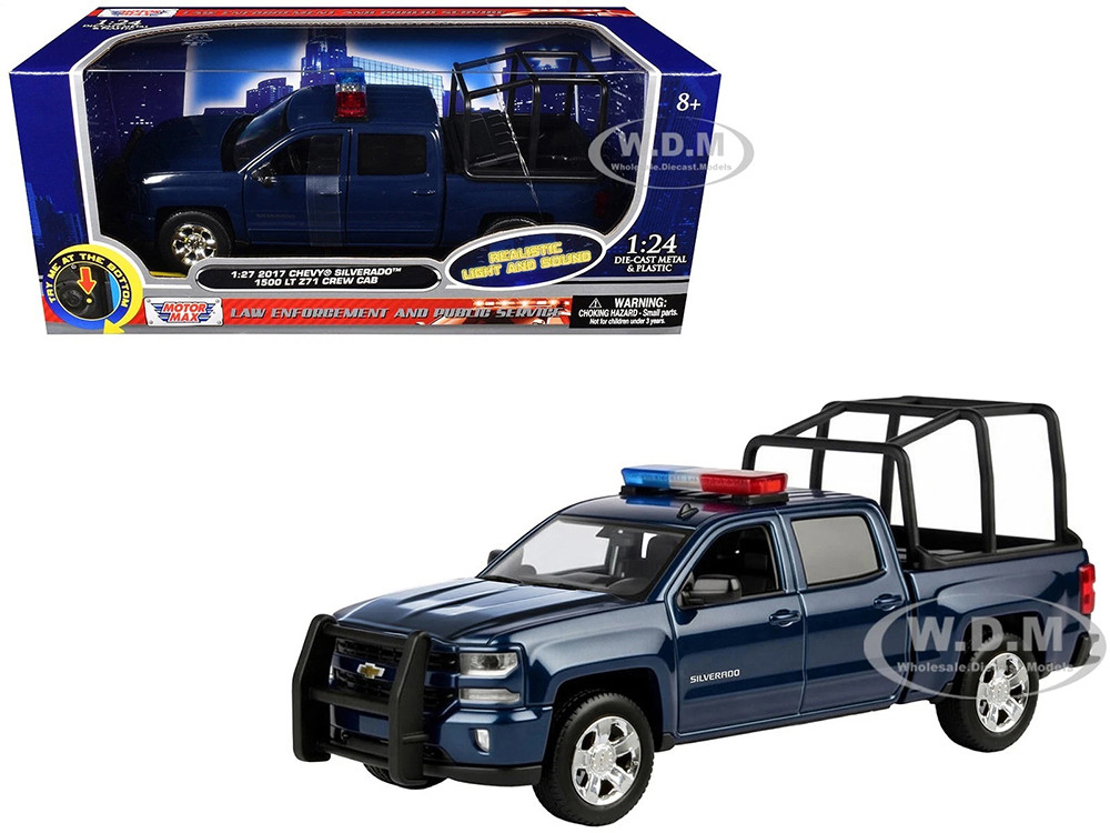 2017 Chevrolet Silverado 1500 LT Z71 Crew Cab Pickup Truck with Bed Cage Dark Blue with Flashing Light Bar and Front and Rear Lights and Sounds 1/27 Diecast Model Car by Motormax diecast model