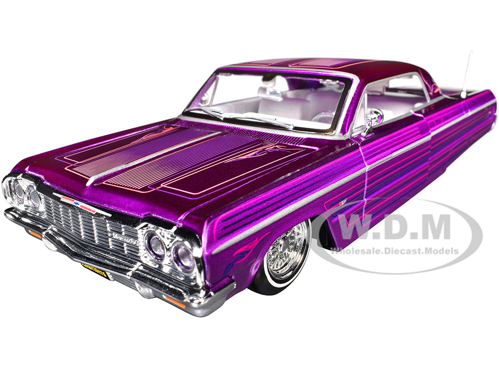 1964 Chevrolet Impala SS Lowrider Candy Purple with Graphics and White Interior "Lowriders" "Maisto Design" Series 1/26 Diecast Model Car by Maisto diecast model