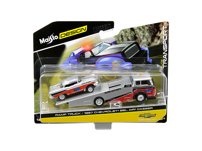1957 Chevrolet Bel Air Gasser #786 Silver and Red with Ramp Tow Truck "Elite Transport" 1/64 Diecast Models by Maisto diecast model