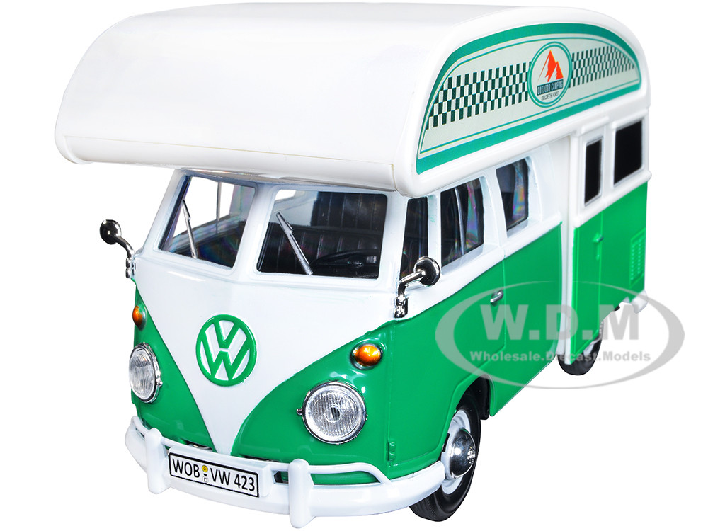 Volkswagen Type 2 (T1) Camper Van Green and White "Outdoor Camping Explore the Forest" 1/24 Diecast Model Car by Motormax diecast model
