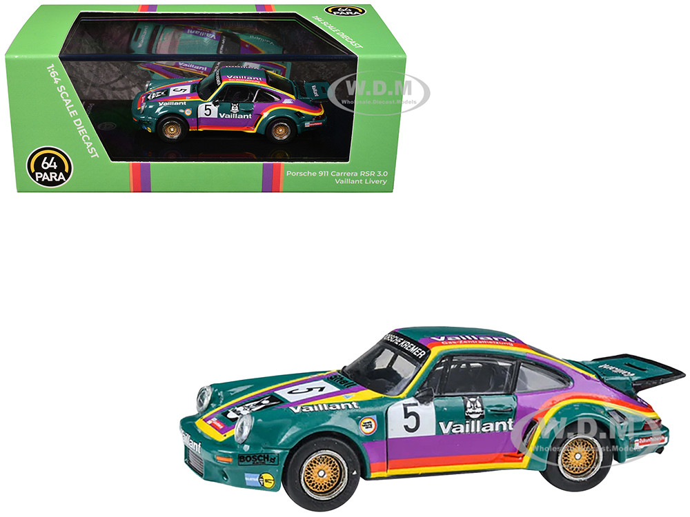 1975 Porsche 911 Carrera RSR 3.0 #5 "Kremer Racing - Vaillant" Green with Stripes 1/64 Diecast Model Car by Paragon Models diecast model
