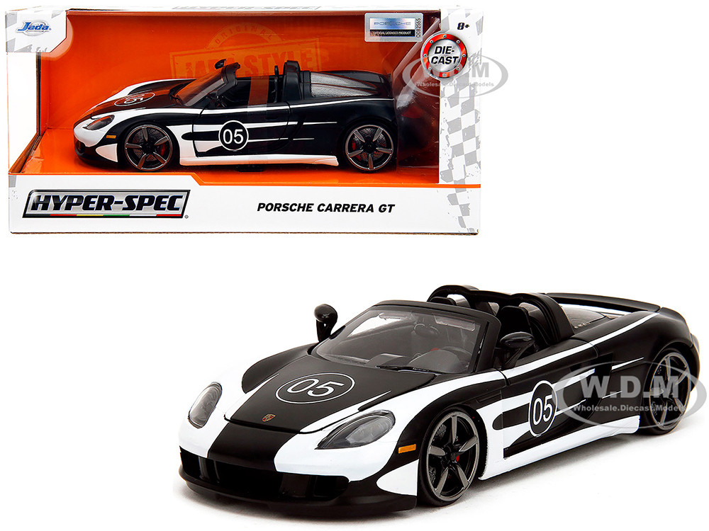 Porsche Carrera GT Convertible #05 Black with White Graphics "Hyper-Spec" Series 1/24 Diecast Model Car by Jada diecast model