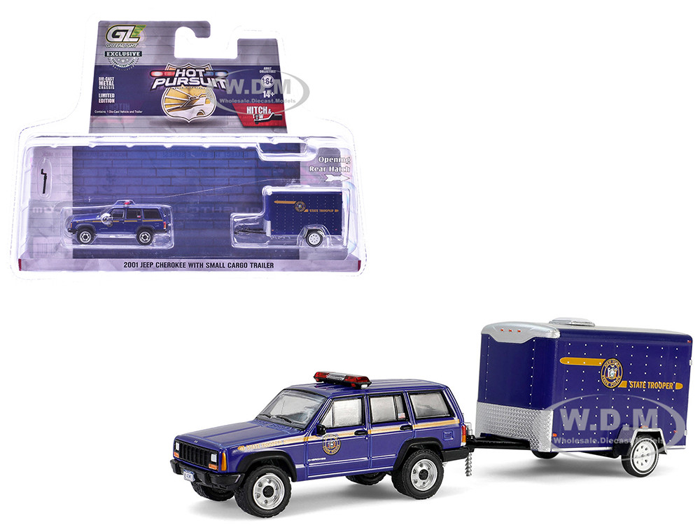 2001 Jeep Cherokee "New York State Police" Blue with Yellow Stripes and Small Cargo Trailer "Hot Pursuit Hitch & Tow" Series 1 1/64 Diecast Model Cars by Greenlight diecast model
