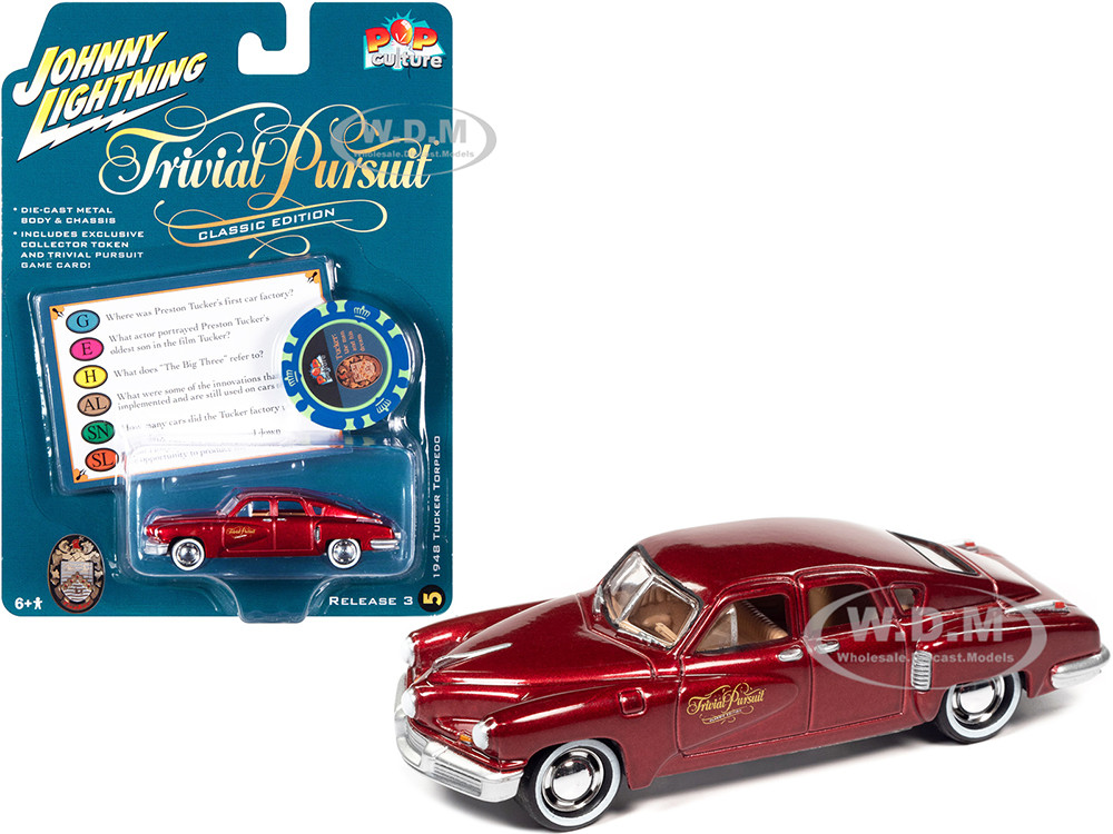 1948 Tucker Torpedo Red Maroon Metallic "Tucker: The Man and His Dream" (1988) Movie with Poker Chip (Collector Token) and Game Card "Trivial Pursuit" "Pop Culture" Series 3 1/64 Diecast Model Car by Johnny Lightning diecast model